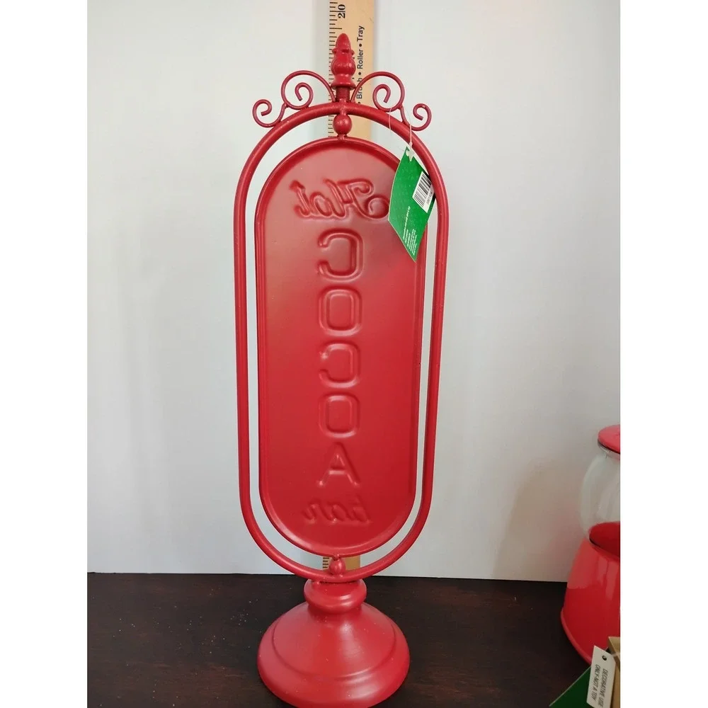 Sleigh Bell Bistro Hot Cocoa Bar Decor Set Sign Cookie Jar Miniature Stand 3pc